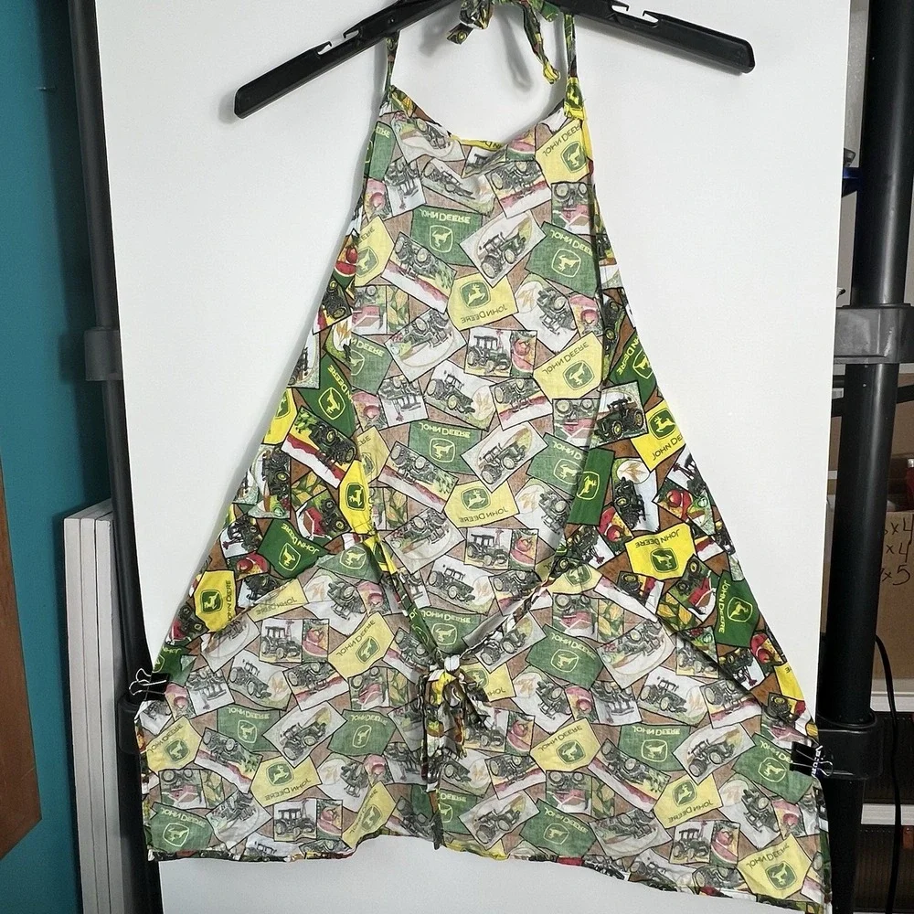 John Deere Green Yellow Tractor Print Full Apron Tie‎ Neck Waist Handmade OSFM
